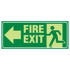 Running Man, Fire Exit, Arrow Left, 350 x 140mm Luminous Metal