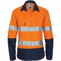 DNC 3936 190gsm Ladies Hoop Reflective Cotton Drill Shirt, Long Sleeve, Orange/Navy