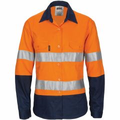 DNC 3786 Ladies 155gsm Hoop Reflective Cotton Drill Shirt, Long Sleeve, Orange/Navy